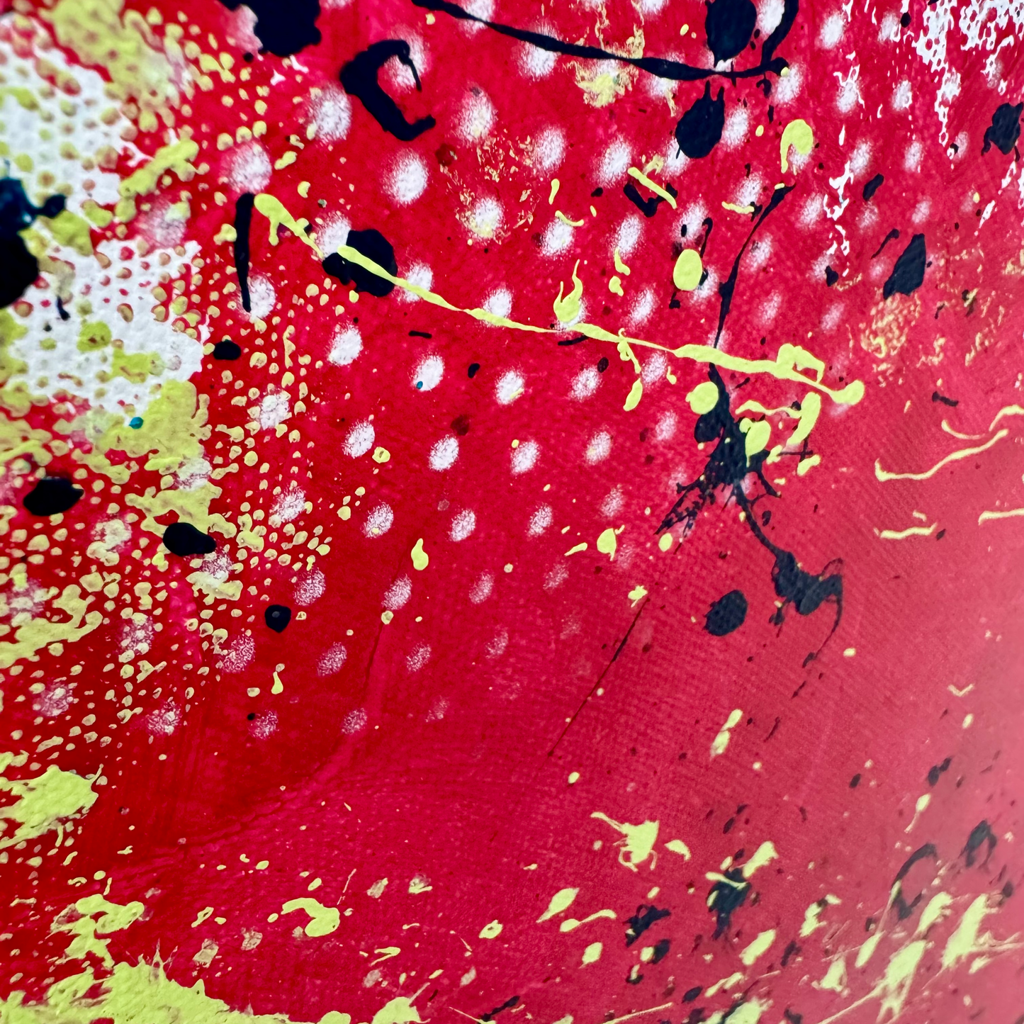 Detailaufnahme, Abstrakte Malerei, Leinwand, Grün, Rot, Spritzer