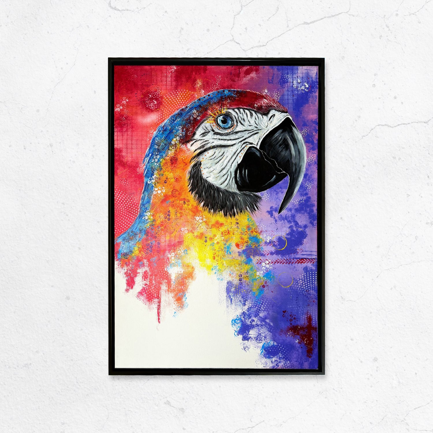Acryl auf Leinwand | Papagei| 90x60 - Malu, Schattenfugenrahmen, Farbenfroh