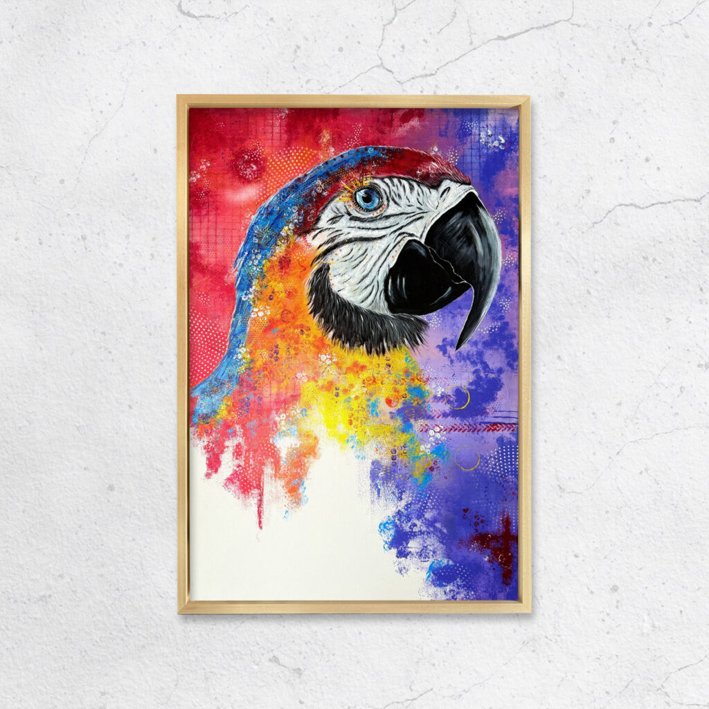 Papagei auf Leinwand in Acryl gemalt in bunter Farbpracht